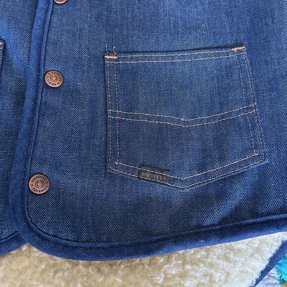 Vintage 70s Roebucks Sherpa Lined Dark Denim Vest Western Snap Button + Pockets - Picture 3 of 6